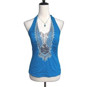 Vintage Y2K Cache Sequin Knit Halter Top Medium | Maximalist Festival Going Out